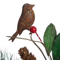 Rusted Tin Bird, Pinecone and Red Berry Pick Christmas Pick|