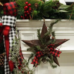 Rusted Tin Star Tree Topper with Buffalo Check Bow and Pine Tree Toppers|