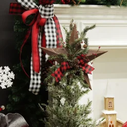 Rusted Tin Star Tree Topper with Buffalo Check Bow and Pine Tree Toppers|