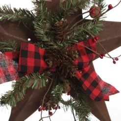 Rusted Tin Star Tree Topper with Buffalo Check Bow and Pine Tree Toppers|