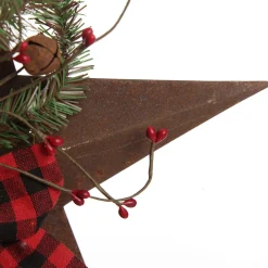 Rusted Tin Star Tree Topper with Buffalo Check Bow and Pine Tree Toppers|