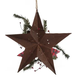 Rusted Tin Star Tree Topper with Buffalo Check Bow and Pine Tree Toppers|