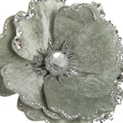 Sage Velvet Magnolia Flower Clip with Jewel Centre and Sequin Tips Christmas Flowers|