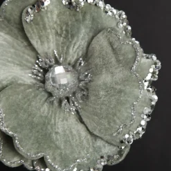 Sage Velvet Magnolia Flower Clip with Jewel Centre and Sequin Tips Christmas Flowers|