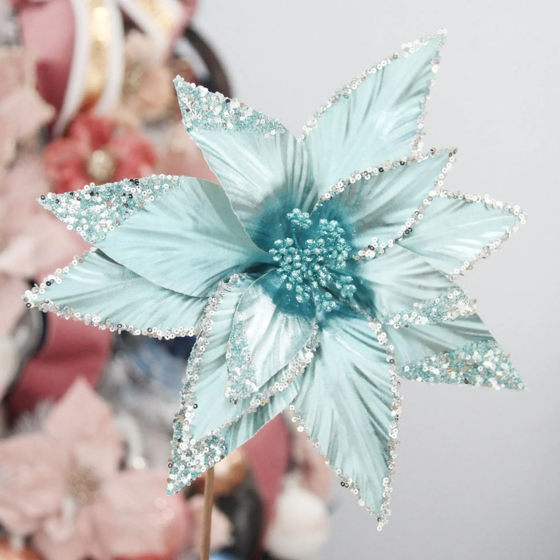 Shiny Blue Poinsettia Flower Stem Christmas Flowers|