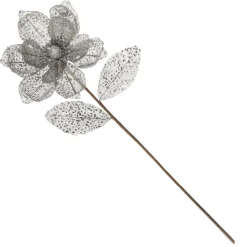 Silver and Sequin Magnolia Flower Stem Christmas Flowers|