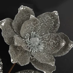 Silver and Sequin Magnolia Flower Stem Christmas Flowers|