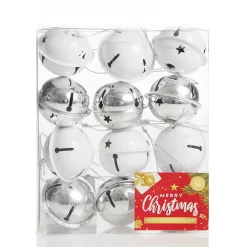 Silver and White 4cm Jingle Bell Decorations - Box of 12 Christmas Bells And Bows|