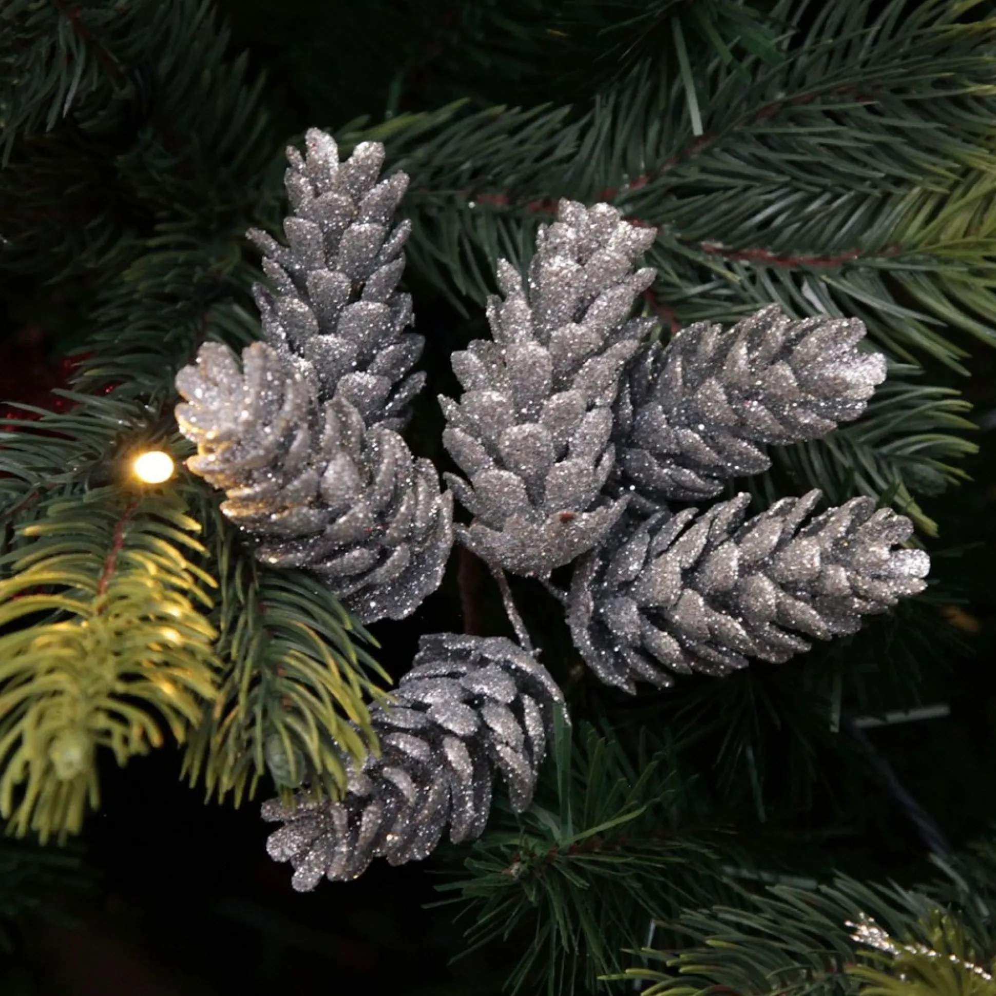 Silver Glitter Pinecone Clusters - Set of 2 Pinecones And Acorns|