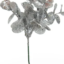 Silver Glitter Silver Dollar Leaf Pick - Set of 2 Christmas Pick|