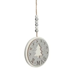 Silver Glitter Wooden Hanging Decorations with Christmas Cut Outs - Set of 3 Christmas Tree Decorations|