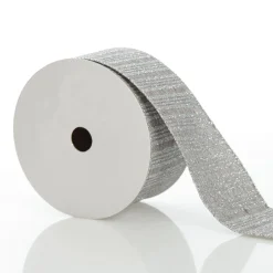 Silver Grey Glitter and Linen Striped Wired Ribbon - 6.5cm Ribbons|