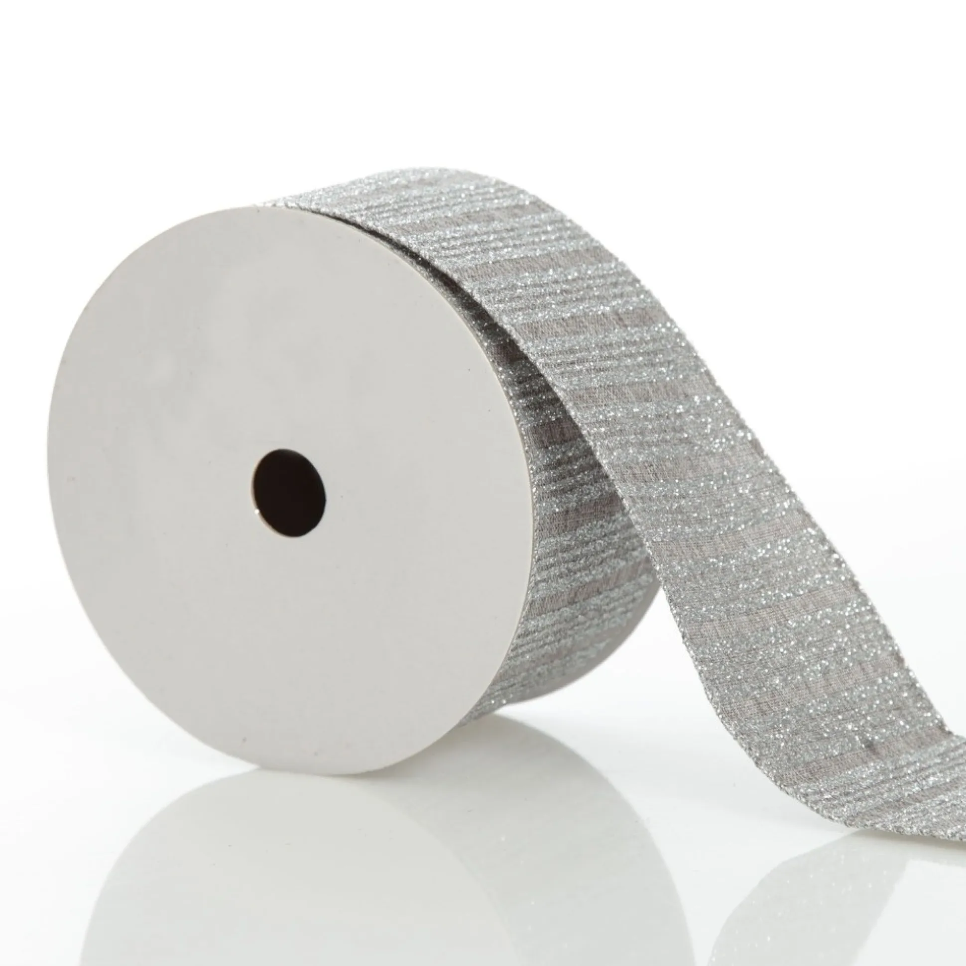Silver Grey Glitter and Linen Striped Wired Ribbon - 6.5cm Ribbons|