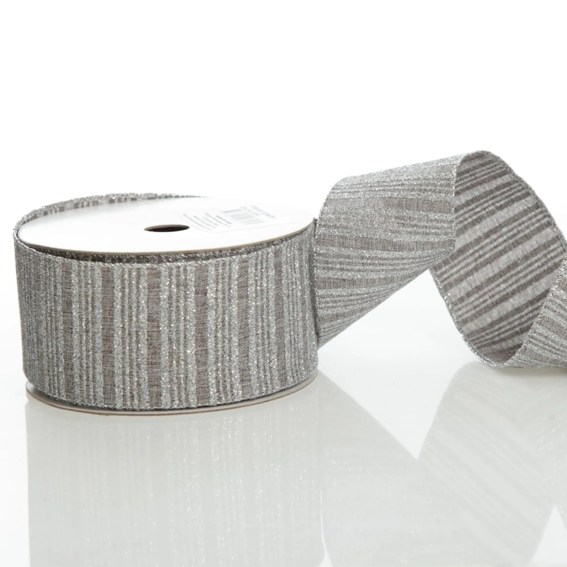 Silver Grey Glitter and Linen Striped Wired Ribbon - 6.5cm Ribbons|