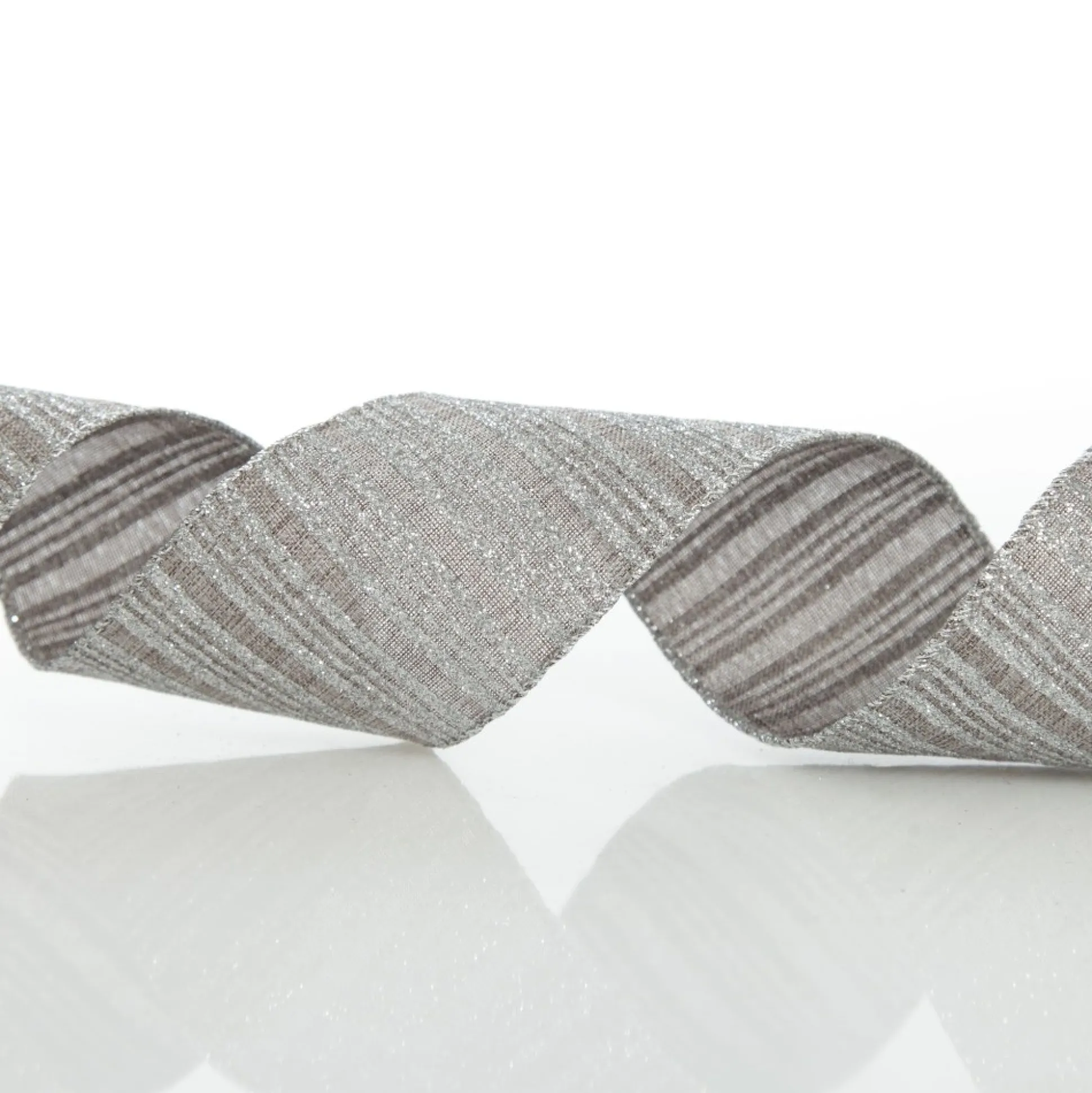 Silver Grey Glitter and Linen Striped Wired Ribbon - 6.5cm Ribbons|