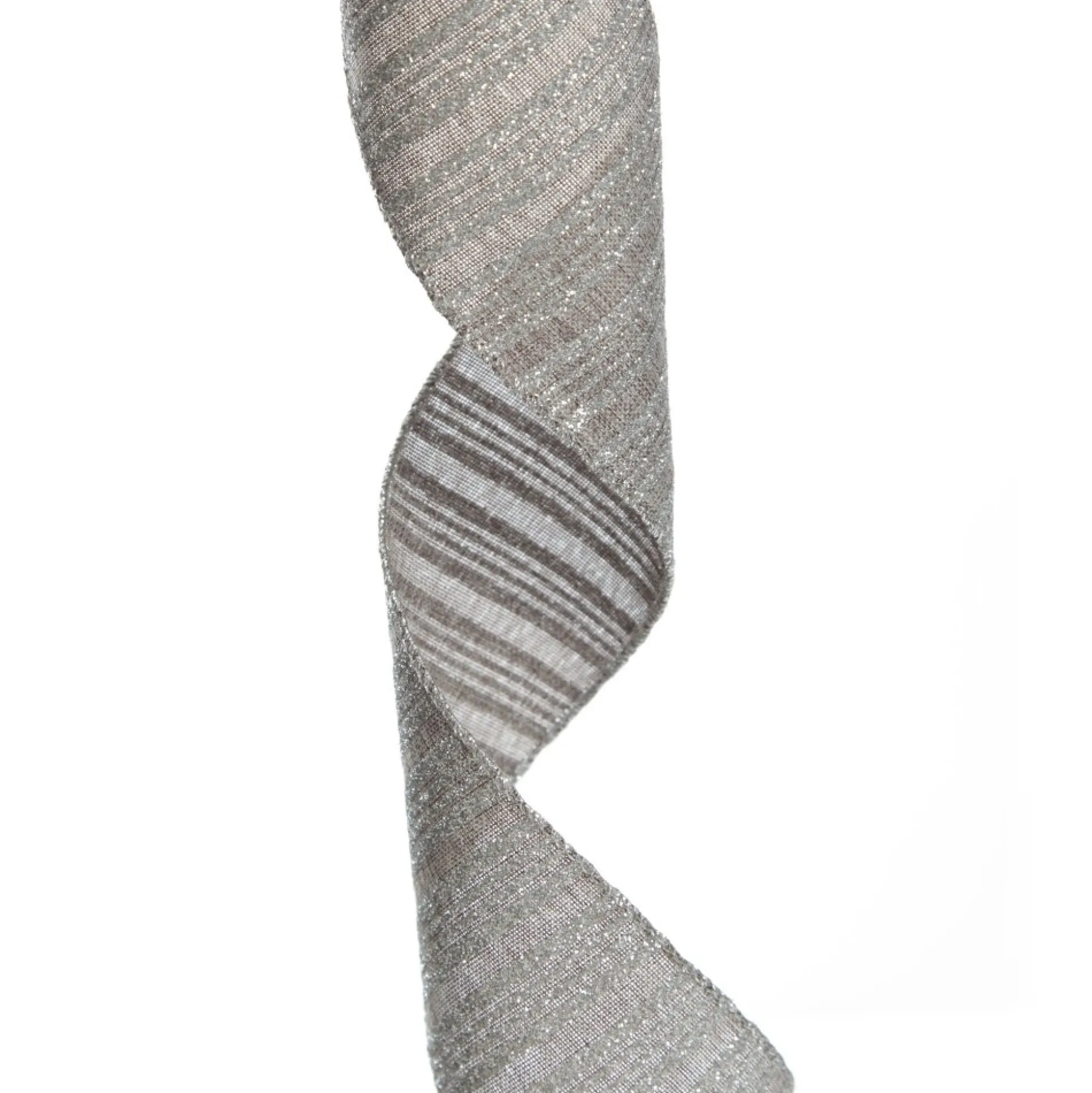 Silver Grey Glitter and Linen Striped Wired Ribbon - 6.5cm Ribbons|