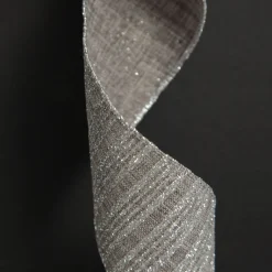 Silver Grey Glitter and Linen Striped Wired Ribbon - 6.5cm Ribbons|