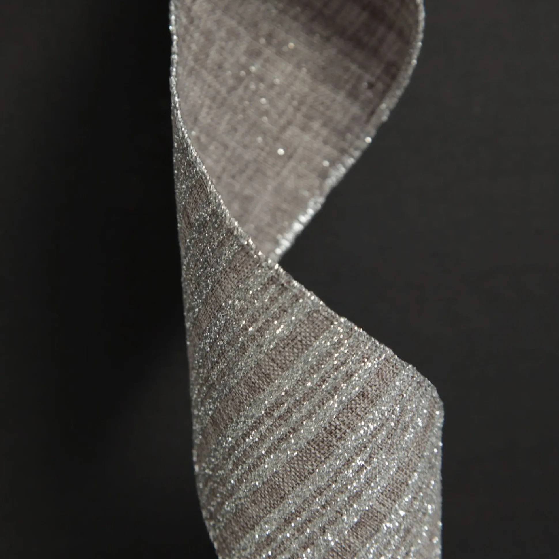 Silver Grey Glitter and Linen Striped Wired Ribbon - 6.5cm Ribbons|