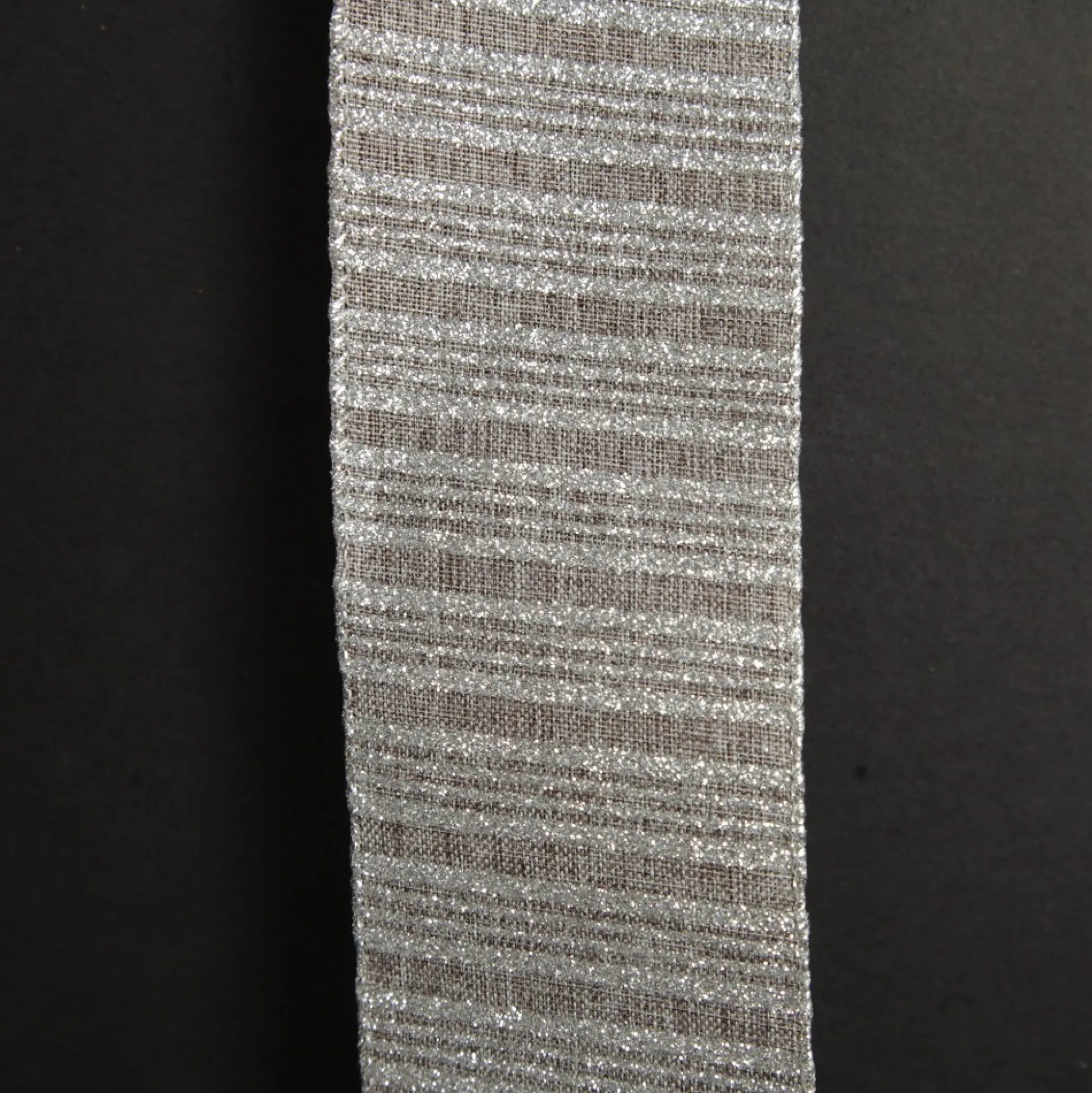 Silver Grey Glitter and Linen Striped Wired Ribbon - 6.5cm Ribbons|