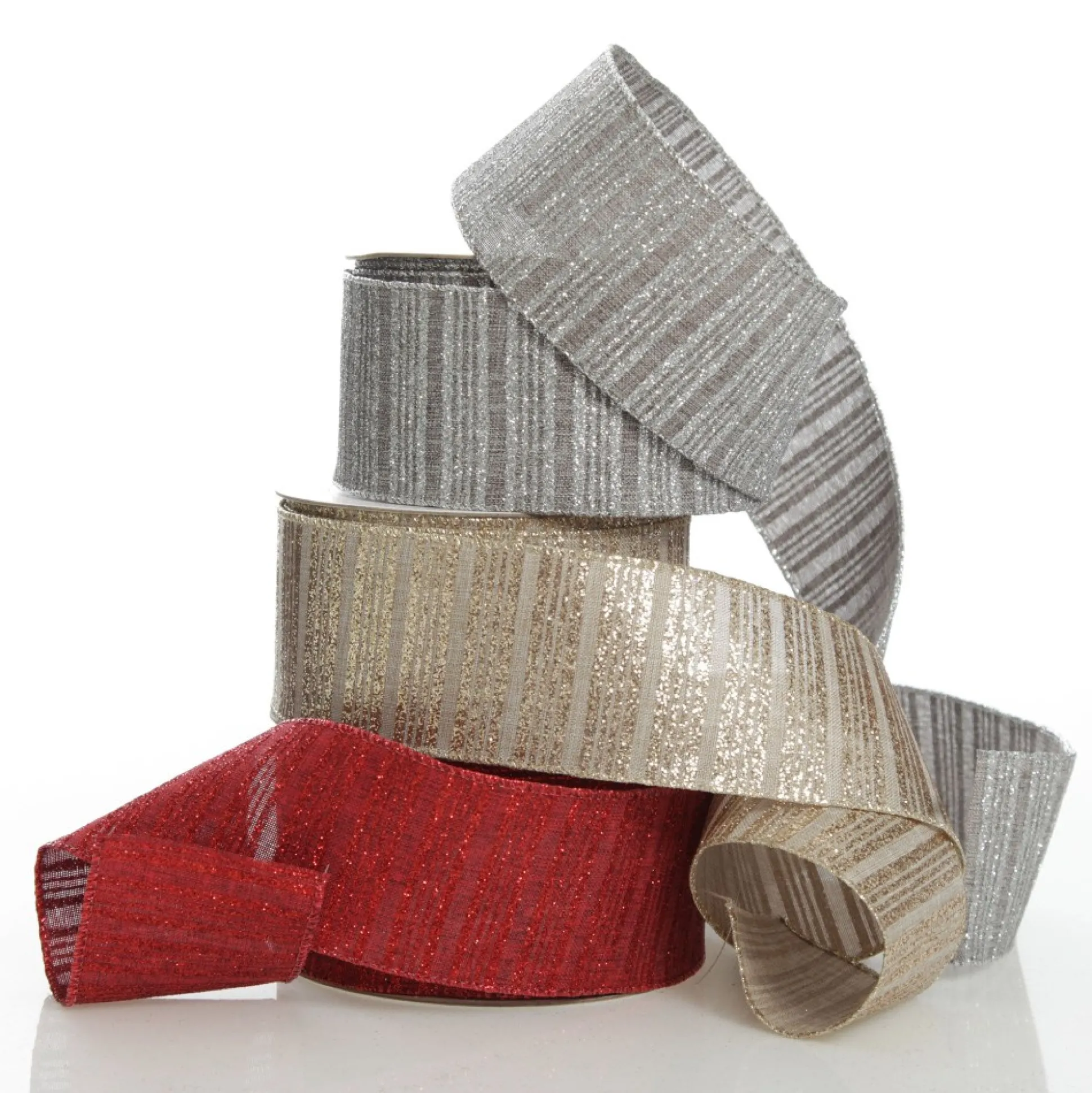 Silver Grey Glitter and Linen Striped Wired Ribbon - 6.5cm Ribbons|