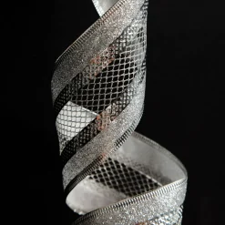 Silver Mesh and Glitter Edge Wired Christmas Ribbon Ribbons|