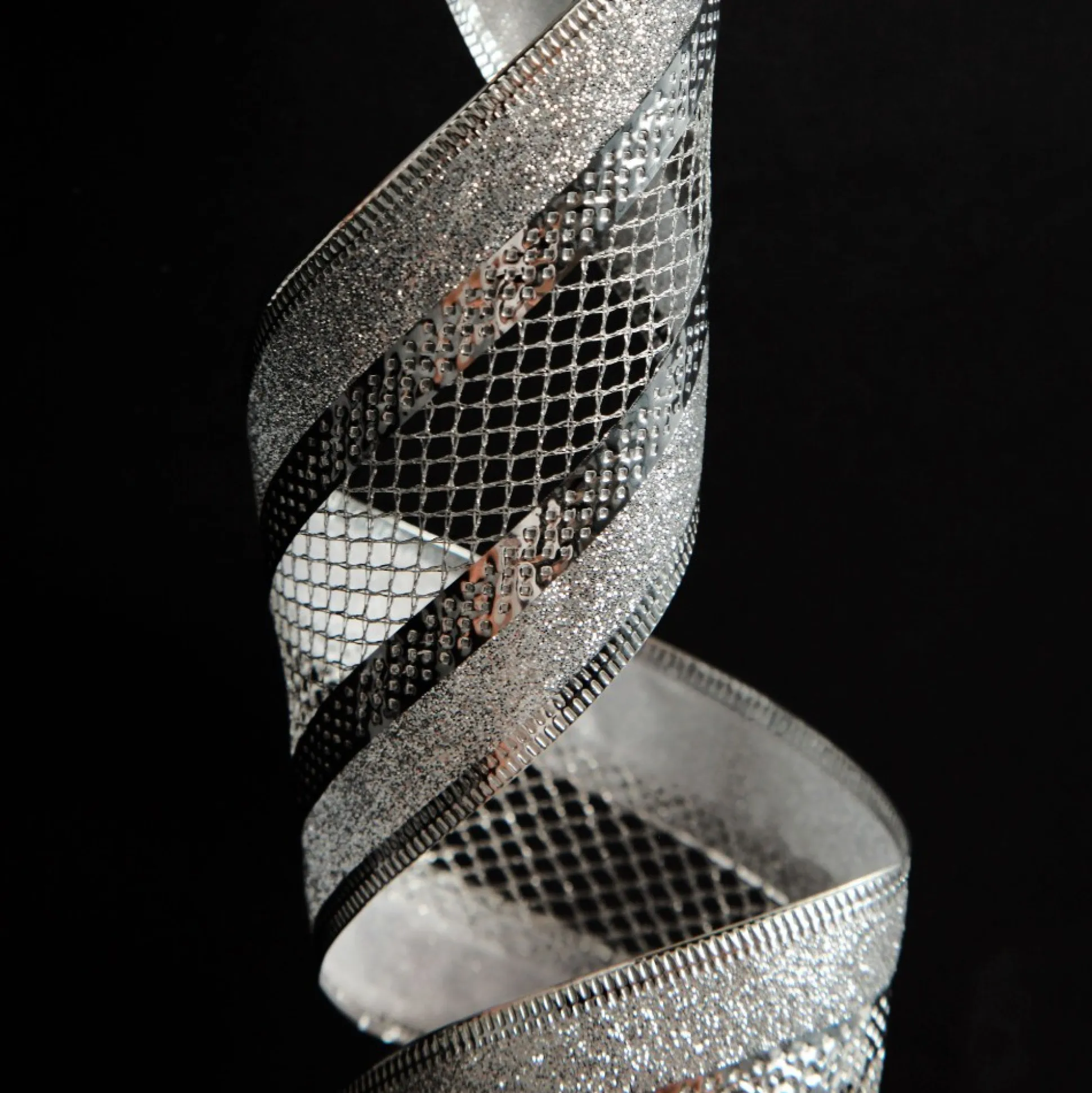 Silver Mesh and Glitter Edge Wired Christmas Ribbon Ribbons|