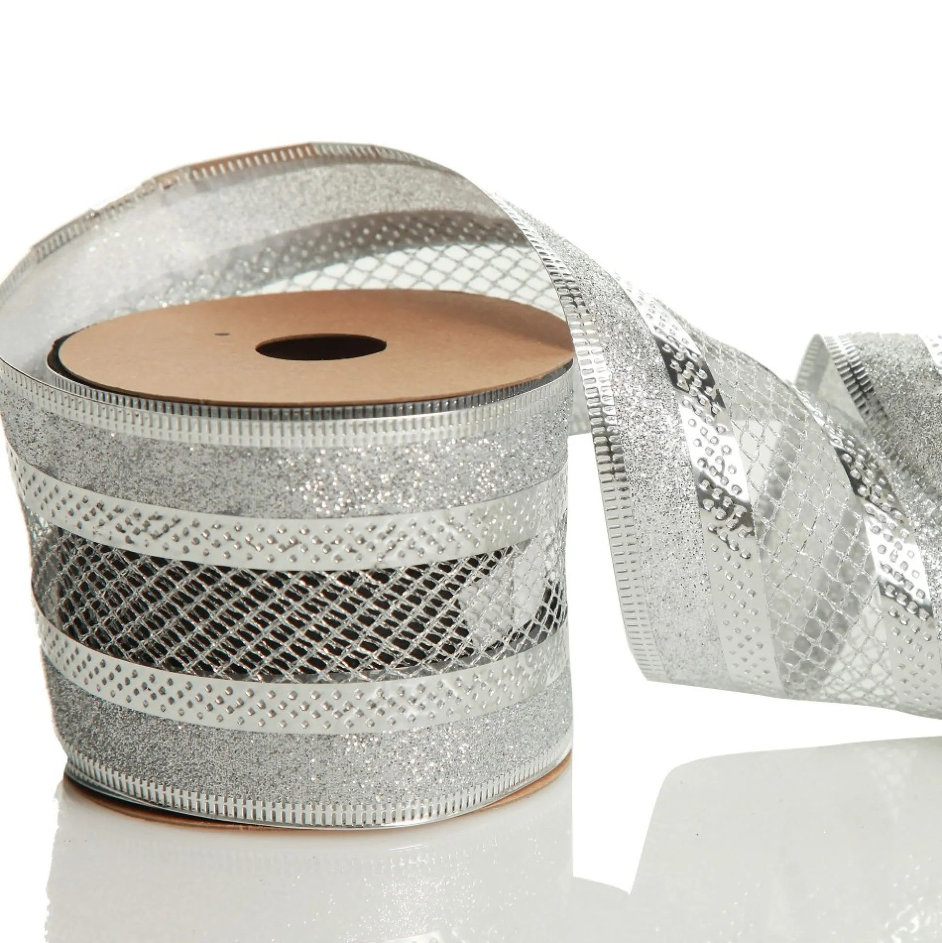 Silver Mesh and Glitter Edge Wired Christmas Ribbon Ribbons|