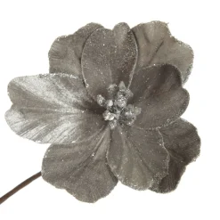 Silver Satin Magnolia Flower Stem with Glitter Trim Christmas Flowers|