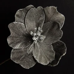 Silver Satin Magnolia Flower Stem with Glitter Trim Christmas Flowers|