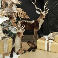 Sitting Velvet Chocolate Deer with Fur and Jewels Christmas Birds And Animals|