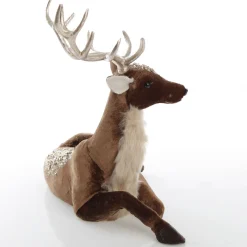 Sitting Velvet Chocolate Deer with Fur and Jewels Christmas Birds And Animals|