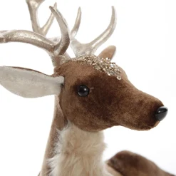 Sitting Velvet Chocolate Deer with Fur and Jewels Christmas Birds And Animals|