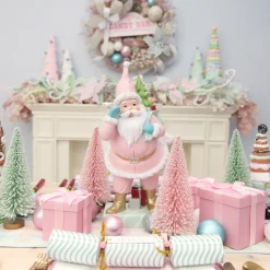 Small Pink and Mint Snowy Bottle Brush Tree - Set of 2 Table Top Christmas Trees|