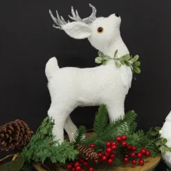 Small White Sisal Standing Deer with Silver Glitter Antlers Christmas Birds And Animals|