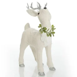 Small White Sisal Standing Deer with Silver Glitter Antlers Christmas Birds And Animals|