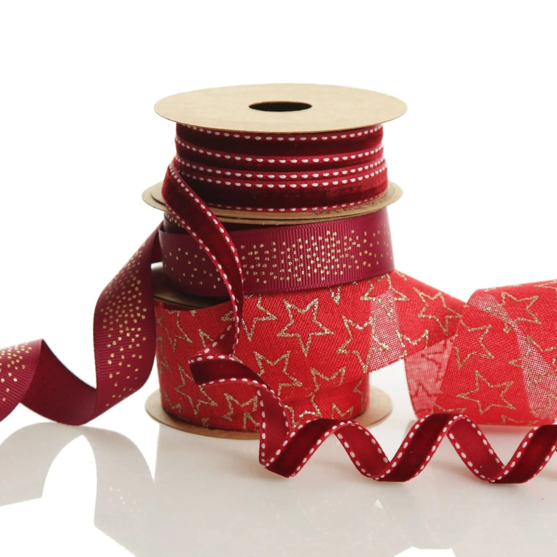 Three Assorted Burgundy and Gold Stars and Dots Christmas Ribbons Ribbons|