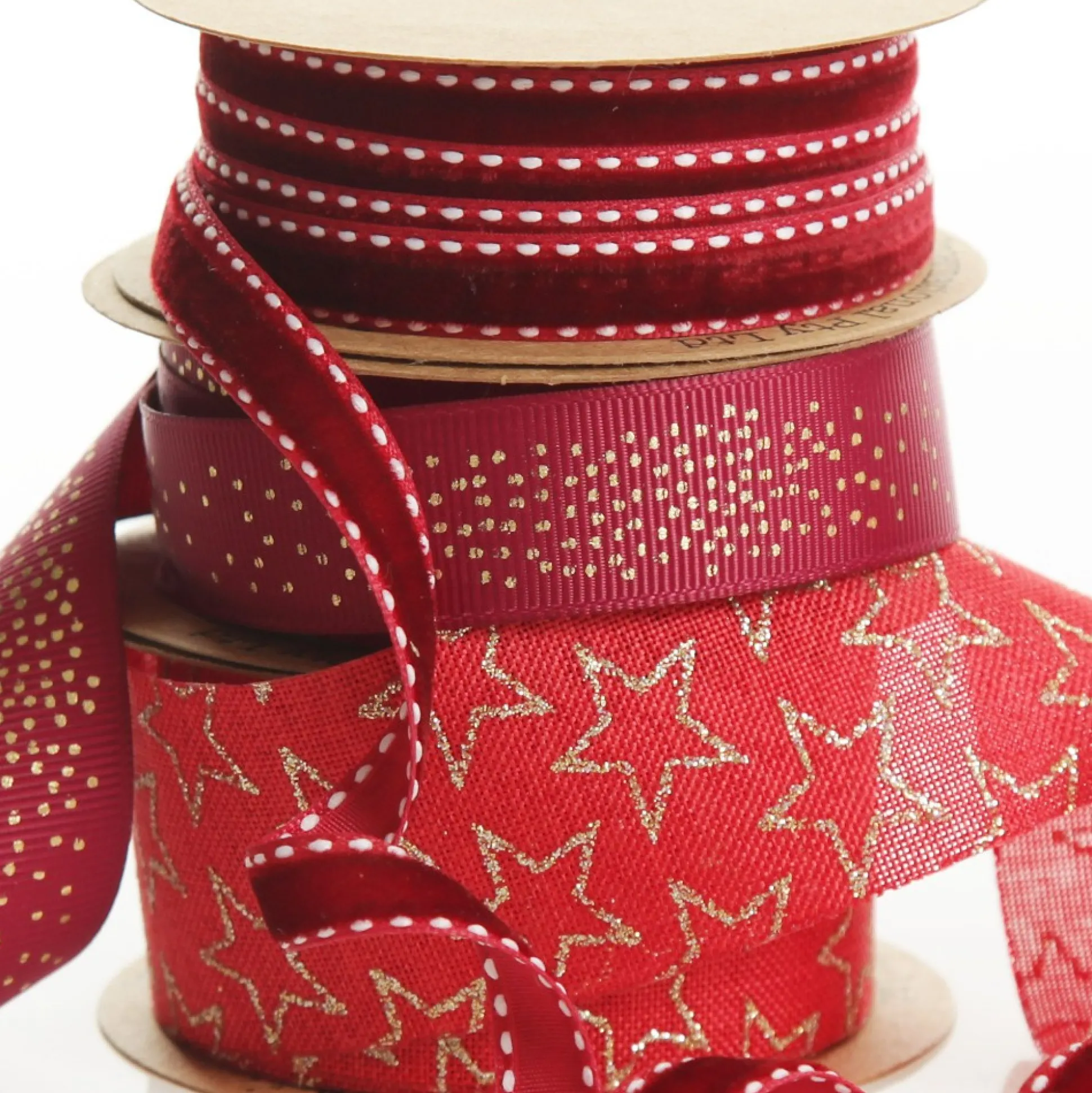 Three Assorted Burgundy and Gold Stars and Dots Christmas Ribbons Ribbons|