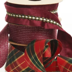 Three Assorted Burgundy Tartan and Braid Christmas Ribbons Ribbons|