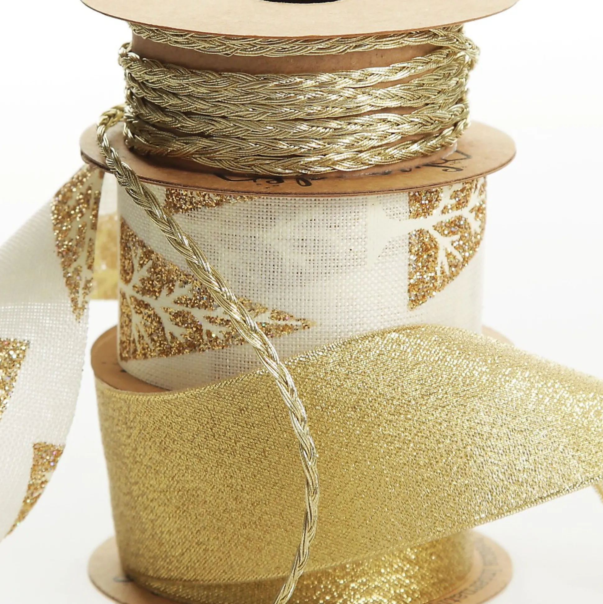 Three Assorted Ivory and Champagne Braid and Glitter Christmas Ribbons Ribbons|