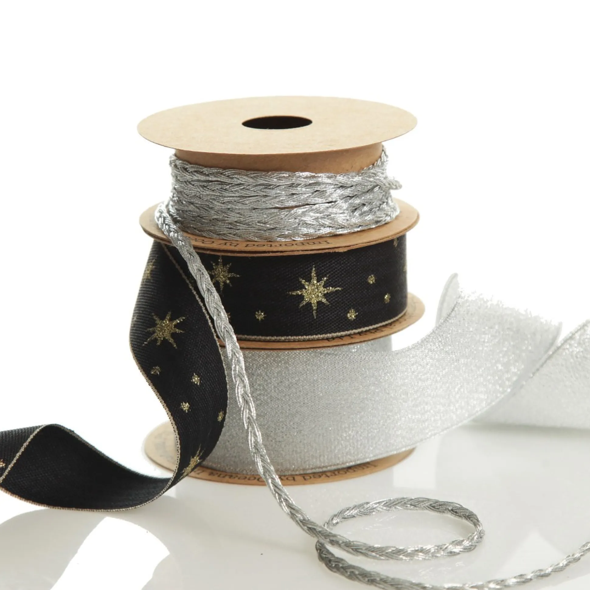 Three Assorted Silver and Blue Braid and Glitter Christmas Ribbons Ribbons|