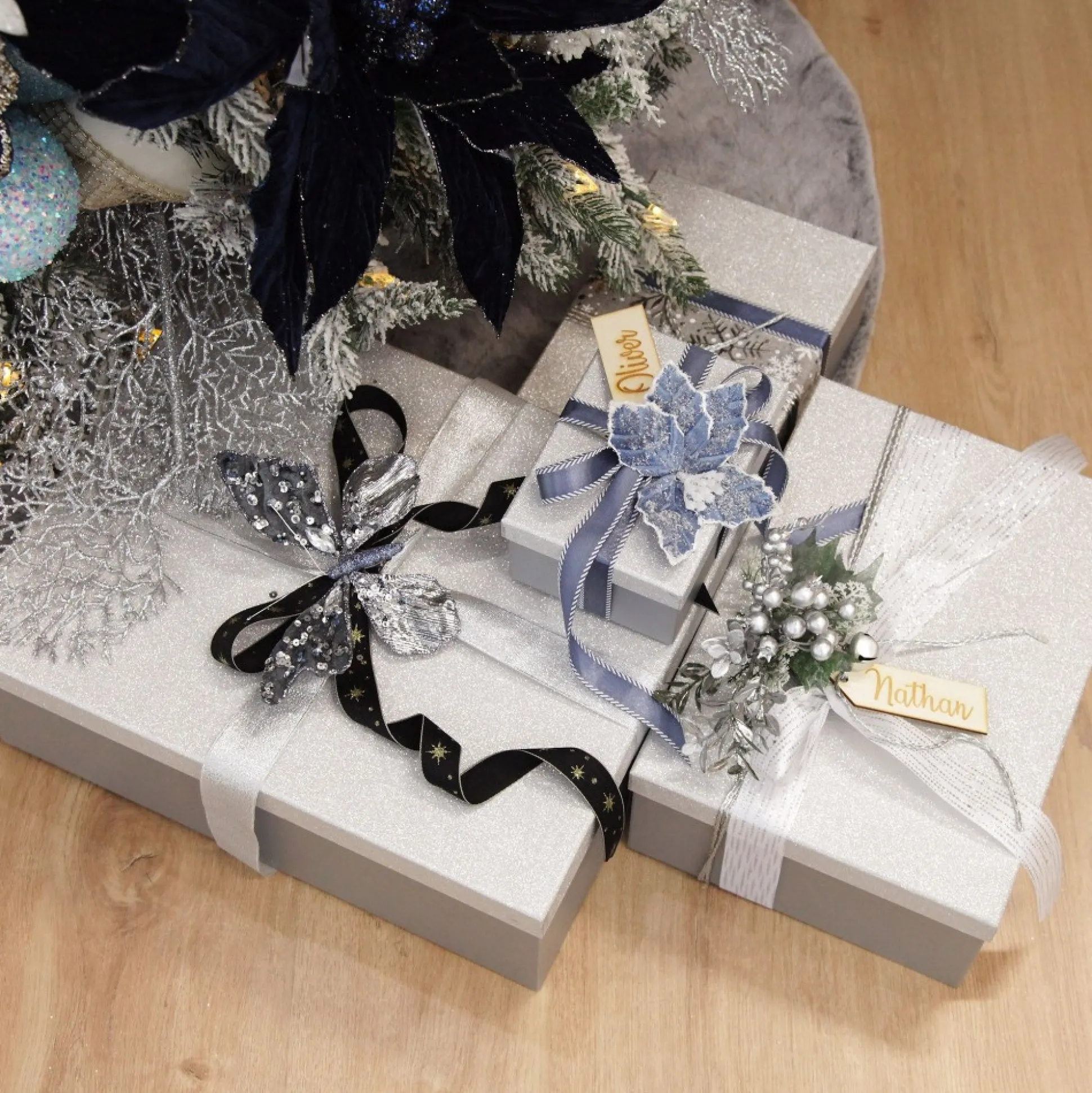 Three Assorted Silver and Blue Braid and Glitter Christmas Ribbons Ribbons|