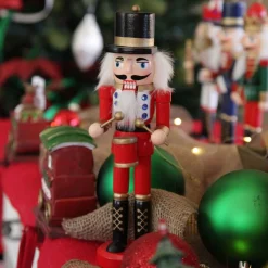 Traditional Christmas Wooden Nutcracker Soldier Ornament with Drums - Medium Christmas Nutcrackers|