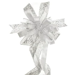 White and Silver Glitter Deluxe Tree Topper Bow with Streamers Tree Toppers|