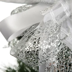 White and Silver Glitter Deluxe Tree Topper Bow with Streamers Tree Toppers|