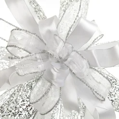 White and Silver Glitter Deluxe Tree Topper Bow with Streamers Tree Toppers|