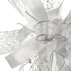 White and Silver Glitter Deluxe Tree Topper Bow with Streamers Tree Toppers|