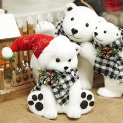 White Boy Polar Bear Cub Sitting with Santa Hat Christmas Birds And Animals|
