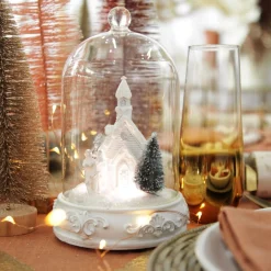 White Church in Glass Cloche Lightup Ornament Light-Up Scenes And Ornaments|