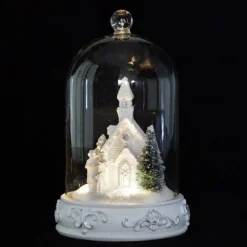 White Church in Glass Cloche Lightup Ornament Light-Up Scenes And Ornaments|