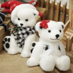 White Girl Polar Bear Cub Sitting with Red Bow Christmas Birds And Animals|